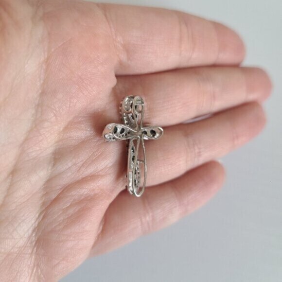 Vintage 10K Luxury White Gold Black White Clear Diamond Crystal Cross Pendant - Picture 8 of 12